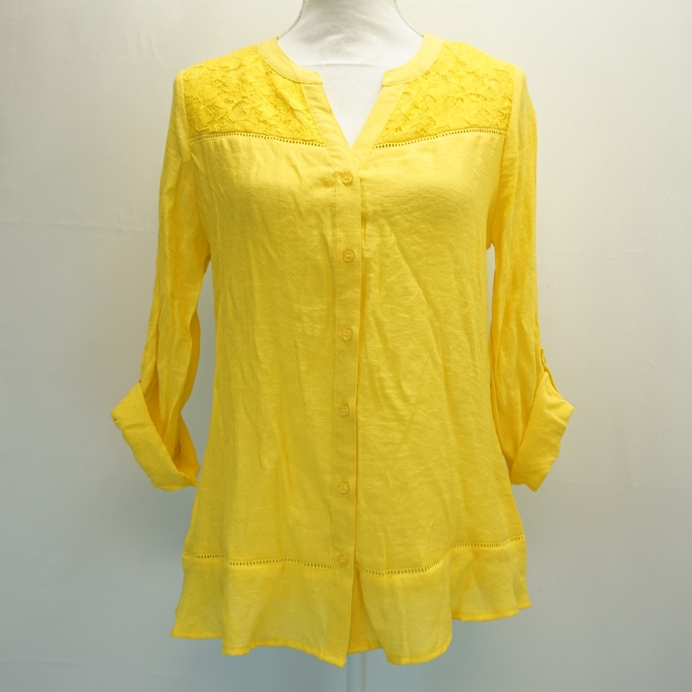 NY Collection Tab Sleeve Split Neck Lace Trim Top